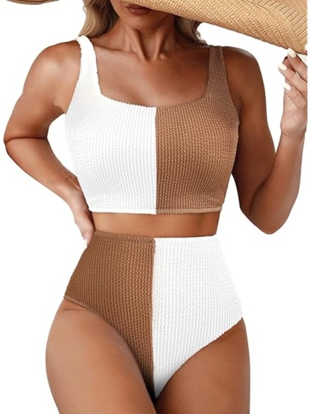 NEW Color Block White and Tan High-Waist Bikini Set XLarge